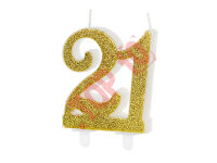 SCU5-21-019 ŚWIECZKA URODZINOWA "21" ZŁOTY BROKAT 7.5 cm 