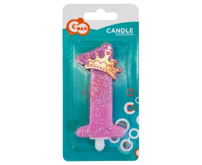 SF-SPUR ŚWIECZKA PIERWSZE URODZINY, RÓZOWA Z BROKATEM, 9 CM - 2