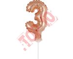 BC-5RZ3 BALON FOLIOWY RÓŻOWO-ZŁOTY "CYFRA 3" 13 CM NA PATYCZKU